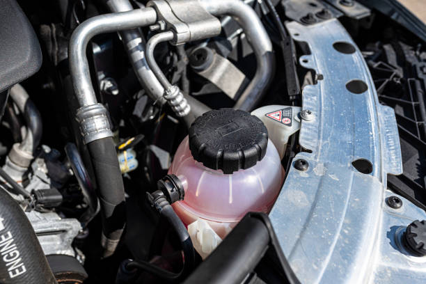 istock Pink main diesel coolant reservoir located on the right side of the engine compartment. 1400657608