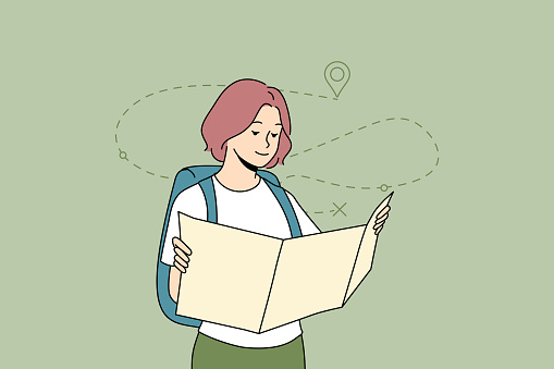 Young woman tourist looking at map planning trip. Happy girl backpacker finding route on paper map. Travel and adventure concept. Flat vector illustration.