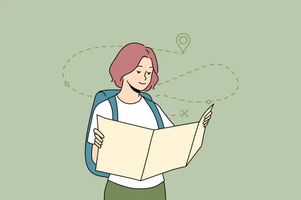 Vector illustration of Woman looking at map planning trip