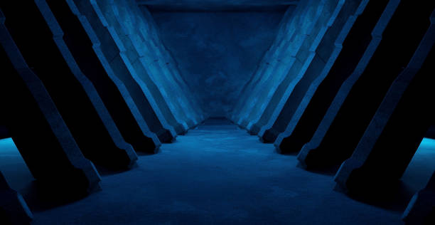 Modern Digital Simulation Basement Underground Hall Spotlight Dark Blue Background Alien Concept 3D Rendering Modern Simulation Basement Underground Hall Spotlight Dark Blue Background Alien Concept 3D Rendering digital underground stock pictures, royalty-free photos & images