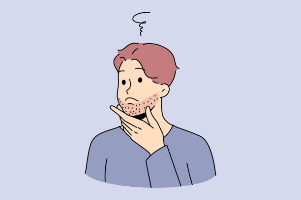 ilustrações, clipart, desenhos animados e ícones de homem tocando barba pensar em barbear - stubble