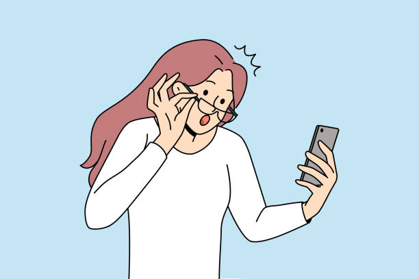 Shocked woman surprised by text on cellphone Shocked young woman take off glasses look at cellphone screen shocked by unexpected news online. Amazed girl surprised with message or text on smartphone. Flat vector illustration. cartoon of the mobile phone charger stock illustrations