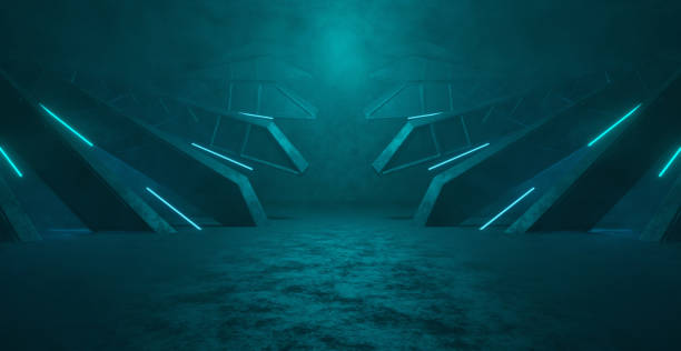 istock Extraordinary Robotic Empty Smoke Bright Blue Empty Hallway Corridor Room Garage Studio Dance Glowing Banner Background 3D Render 1400657879