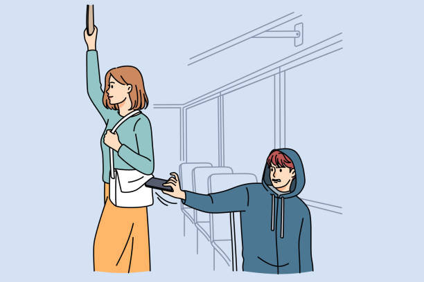 Pickpocket steal wallet from female bag Male pickpocket stealing wallet from female passenger in bus or metro. Man thief take phone or money from woman bag in tram. Burglary and theft concept. Vector illustration. pickpocketing stock illustrations