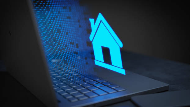 istock Real estate online concept hologram style on laptop 3D Render 1400658038