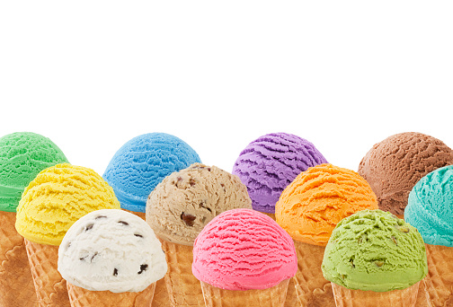 Ice cream cones border isolated on white background with copy space