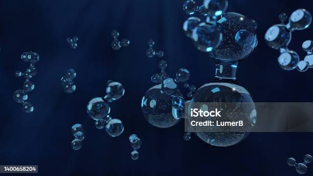 Water Molecules Dark Blue Background Water Molecule Inside Liquid Bubble On Water Background 3d Rendering Stock Photo - Download Image Now