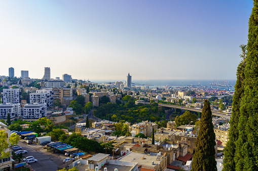 Haifa, Israel - May 28, 2022: View of Hadar HaCarmel, downtown and the Harbor from al-Khalisa Neighborhood, Haifa, Northern Israel