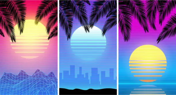 Vector illustration of Synthwave retro backgrounds - palm trees
