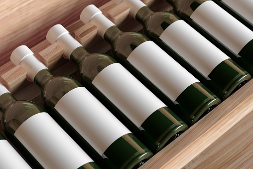 3d rendering top view mockup of bottles of wine, champagne with blank label with place for design