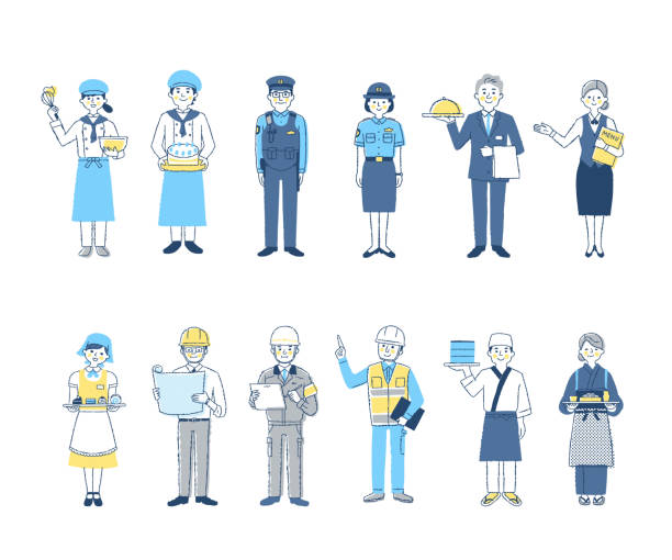 набор из 12 мужчин и женщин различных профессий - traditional clothing illustrations stock illustrations
