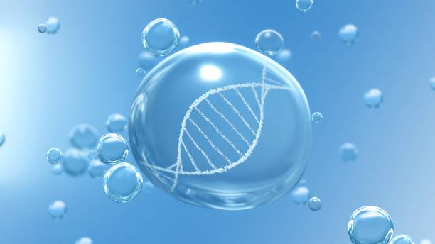 istock Clean Water Drop and Revolving DNA on Blue Bubble Background 1400666587