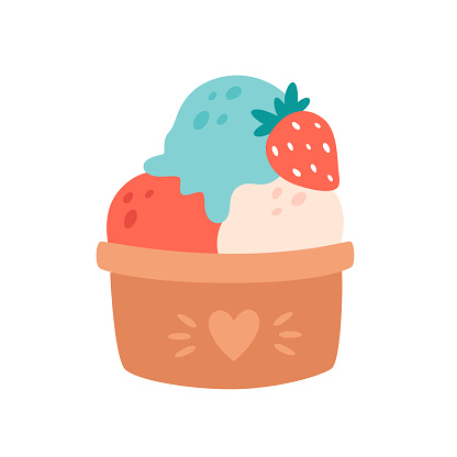 Ice cream scoops in cup with different flavors, toppings and strawberry. Summertime, hello summer. Vector ilustration