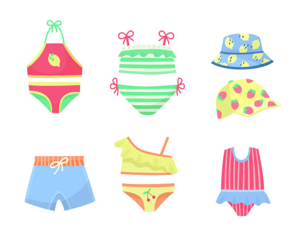 Swimsuits for children vector illustrations set Swimsuits for children vector illustrations set. Collection of cartoon drawings of swimming clothes or swimwear for babies or kids isolated on white background. Summer, fashion, childhood concept bathing suit stock illustrations