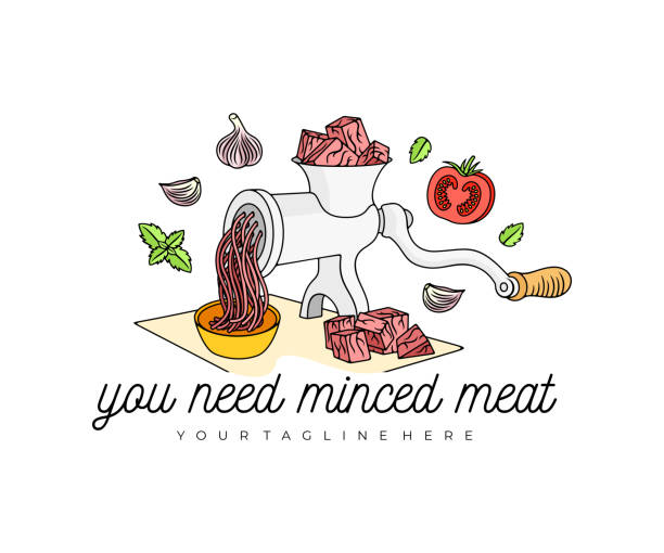 ilustrações de stock, clip art, desenhos animados e ícones de meat grinder grind meat into mince meat, design. food, meal, vegetables, herbs, butcher shop and catering, vector design and illustration - meat grinder ground beef meat