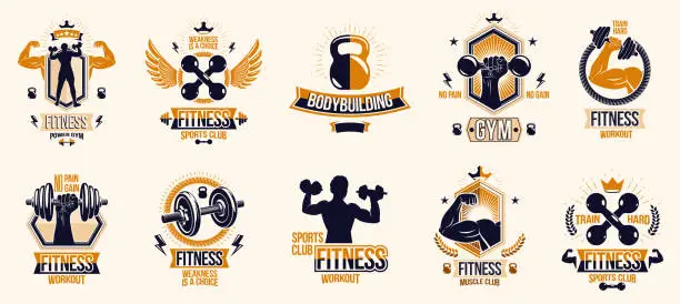 Vector illustration of Gym fitness sport emblems and logos vector set isolated with barbells dumbbells kettlebells and muscle body man silhouettes and hands, athletics workout sport club, active lifestyle.