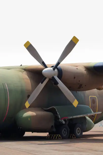 Engine and landing gear close-up of a military C-160 transport aircraft, South Africa