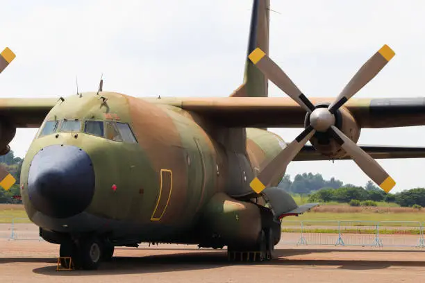 Military C-160 cargo transport aircraft parked at airport, South Africa