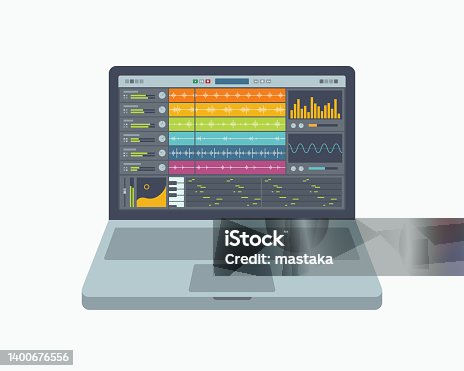 istock A notebook with a fictional application for creating, production  and mixing music. 1400676556