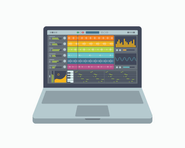 A notebook with a fictional application for creating, production and mixing music. A notebook with a fictional application for creating, production and mixing music. Vector illustration. computer settings screen stock illustrations
