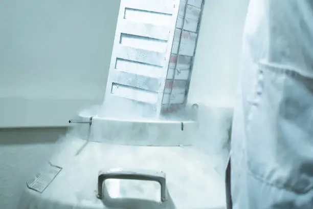 Rack with cells inside a liquid nitrogen cryogenic tank at life sciences laboratory. Proffesional manipulating in lab coat