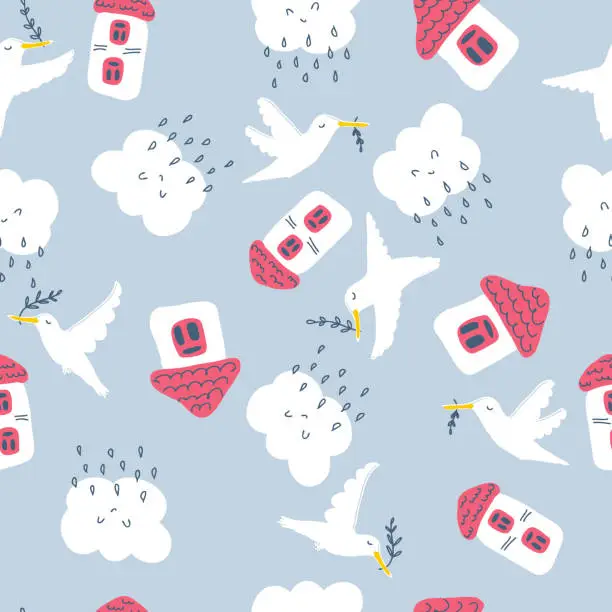 Vector illustration of Seamless pattern with houses, white doves and rainy clouds. World peace theme print for T-shirt, textile and fabric. Hand drawn vector illustration for decor and design.