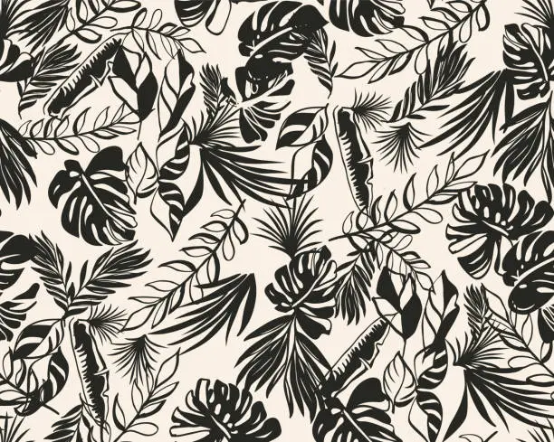 Vector illustration of Tropical pattern with hand drawn leaves perfect for fabric and decoration.