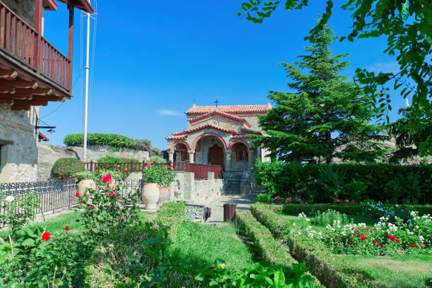 istock Meteora monastery courtyard, Greece. Mountains, flowers and beautiful views 1400679185