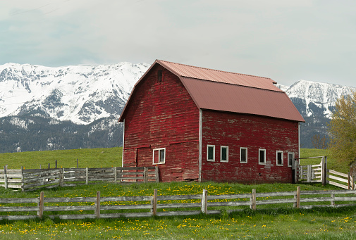 Snow Capped mountains are background to old red barn in eastern Oregon near Joseph, Oregon