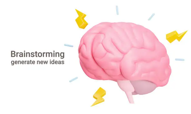 Vector illustration of Brainstorming banner. The brain strains, lightning and rays. Finding a creative idea, solving a problem, having an epiphany. Isolated 3d object on a transparent background