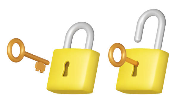 metalowy klucz i żółty zamek. otwórz zamek za pomocą klucza. izolowany obiekt 3d na przezroczystym tle - keyhole key lock padlock stock illustrations