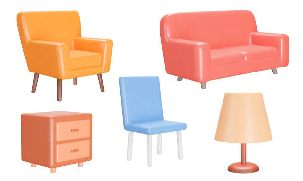 Furniture for the home icon set. Armchair, sofa, chair, floor lamp, nightstand. Isolated 3d icons on a transparent background Furniture for the home icon set. Armchair, sofa, chair, floor lamp, nightstand. Isolated 3d icons, objects on a transparent background armchair stock illustrations