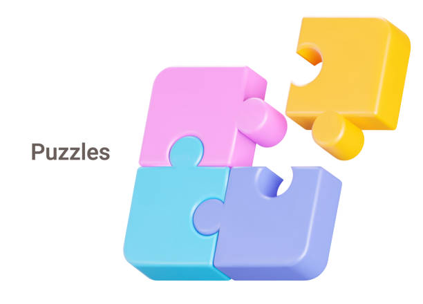 지그소 퍼즐. 타일링 퍼즐. 퍼즐 부분. 투명한 배경에 고립된 3d 오브젝트 - solution jigsaw piece jigsaw puzzle problems stock illustrations