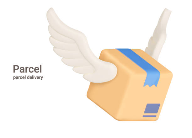 Parcel. Delivery box with wings. Isolated. Fast delivery of purchases, logistics service. 3d object on a transparent background Parcel. Delivery box with wings. Isolated. Fast delivery of purchases, logistics service. 3d object on a transparent background. banner box 3d stock illustrations