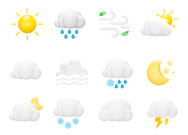 istock Weather icon set. Natural phenomena, precipitation, sun rain, snow, lightning, and others. Isolated 3d icons on a transparent background 1400681104