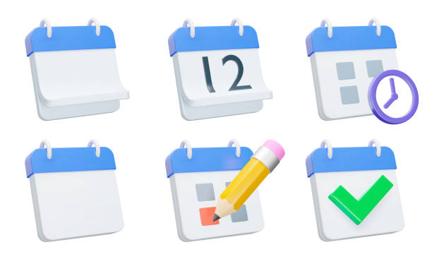 stockillustraties, clipart, cartoons en iconen met calendar icon set. calendars with a bent or straight page, date, time, highlight important date, check mark. isolated 3d icons, on a transparent background - kalenders