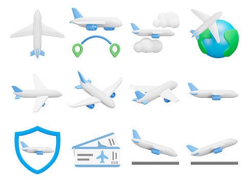 Planes icon set. Air travel, flying on a passenger plane. Isolated 3d icons on a transparent background