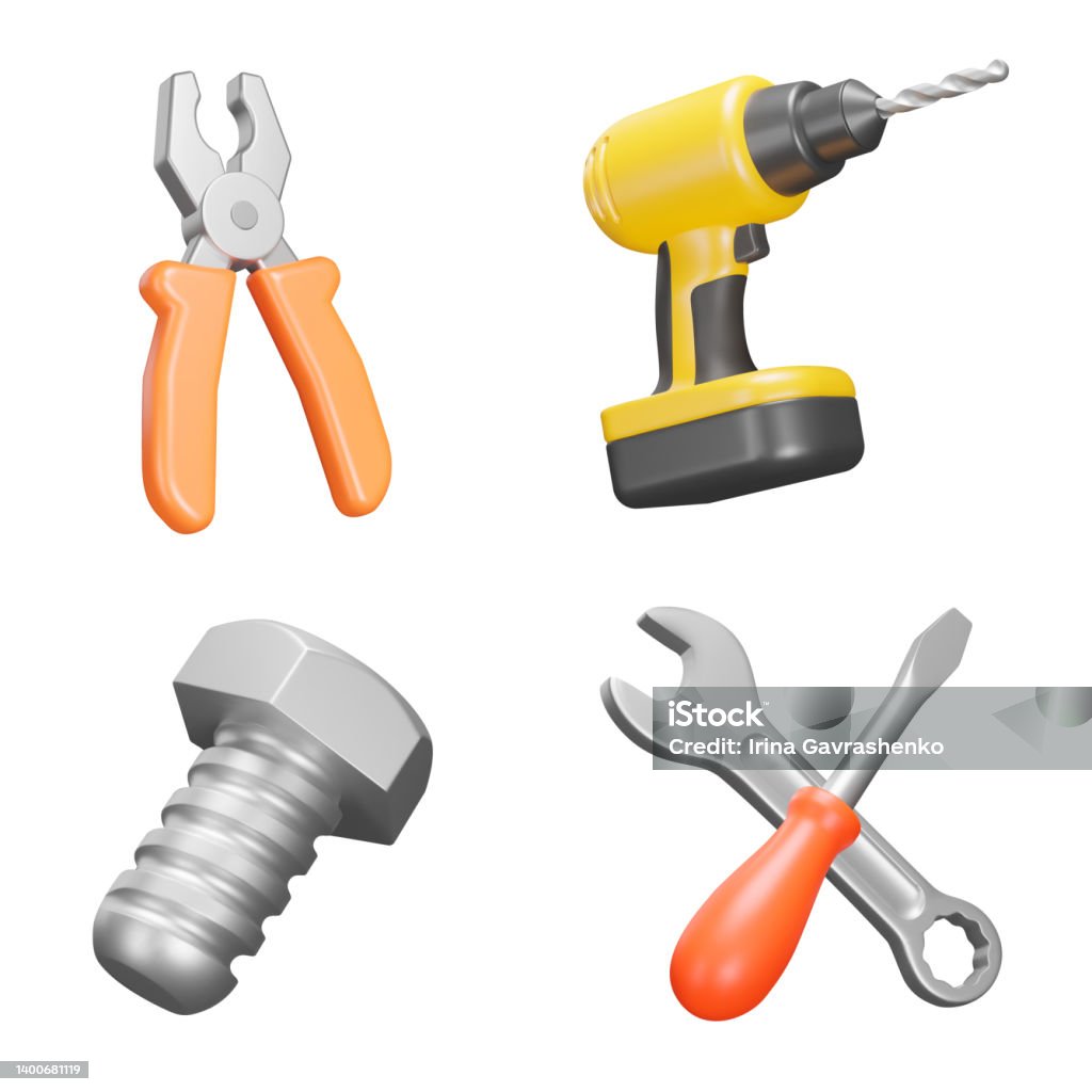 Narzędzia do naprawy zestawu ikon 3d. Narzędzie do prac naprawczych. Szczypce, wiertarka, śrubokręt, śrubokręt, klucz. Izolowane ikony na przezroczystym tle - Grafika wektorowa royalty-free (Trójwymiarowy) Narzędzia do naprawy zestawu ikon 3d. Narzędzie do prac naprawczych. Szczypce, wiertarka, śrubokręt, śrubokręt, klucz. Izolowane ikony na przezroczystym tle - Grafika wektorowa royalty-free (Trójwymiarowy)