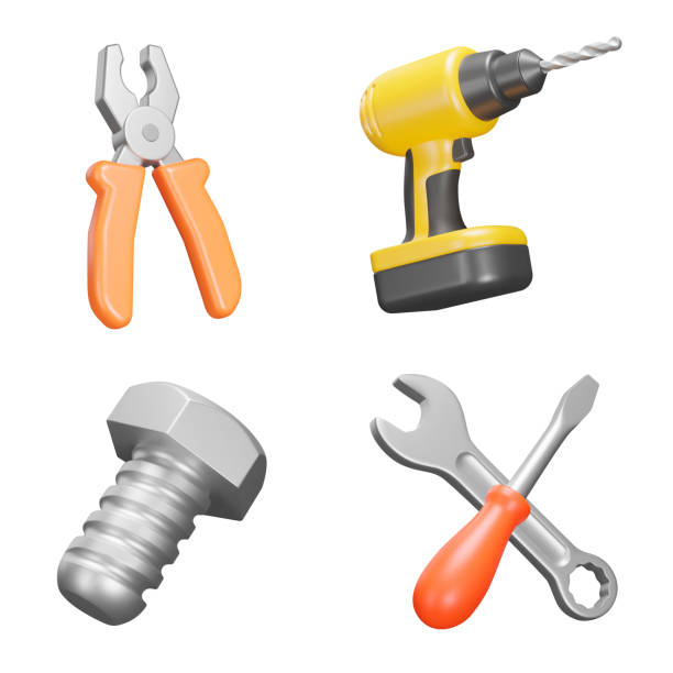 ilustrações, clipart, desenhos animados e ícones de ferramentas para reparar o conjunto de ícones 3d. ferramenta para reparos. alicate, broca, chave de fenda, parafuso, chave de fenda, chave de fenda. ícones isolados em um fundo transparente - wrench screwdriver work tool symbol