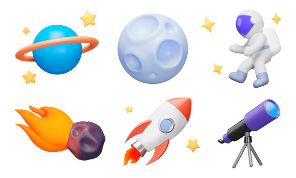 ilustraciones, imágenes clip art, dibujos animados e iconos de stock de conjunto de iconos de espacio. objetos espaciales, astronautas, estrellas, telescopios, cohetes y más. iconos 3d aislados sobre un fondo transparente - equipment group of objects space moon