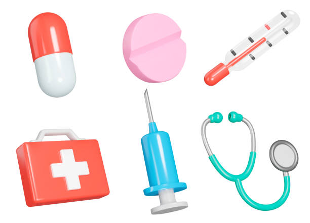 Medicine icon set. Medical instruments, diagnosis and treatment. Pills, first aid kit, thermometer, syringe, stethoscope. Isolated 3d icons on a transparent background Medicine icon set. Medical instruments, diagnosis and treatment. Pills, first aid kit, thermometer, syringe, stethoscope. Isolated 3d icons, objects on a transparent background medical equipment stock illustrations
