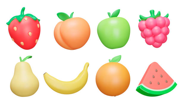 früchte und beeren 3d icon set. erdbeere, pfirsich, apfel, himbeere, birne, banane, orange, wassermelone. isolierte symbole auf transparentem hintergrund - fruit stock-grafiken, -clipart, -cartoons und -symbole