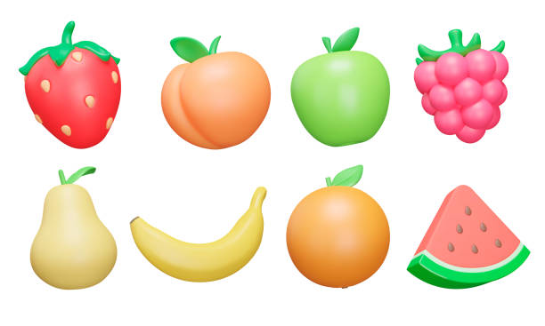 ilustraciones, imágenes clip art, dibujos animados e iconos de stock de conjunto de iconos 3d de frutas y bayas. fresa, melocotón, manzana, frambuesa, pera, plátano, naranja, sandía. iconos aislados sobre un fondo transparente - frutas