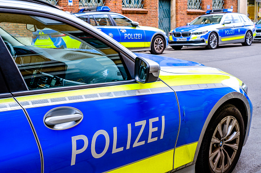 Munich, Germany - June 1: typical german police car at the old town of munich on June 1, 2022