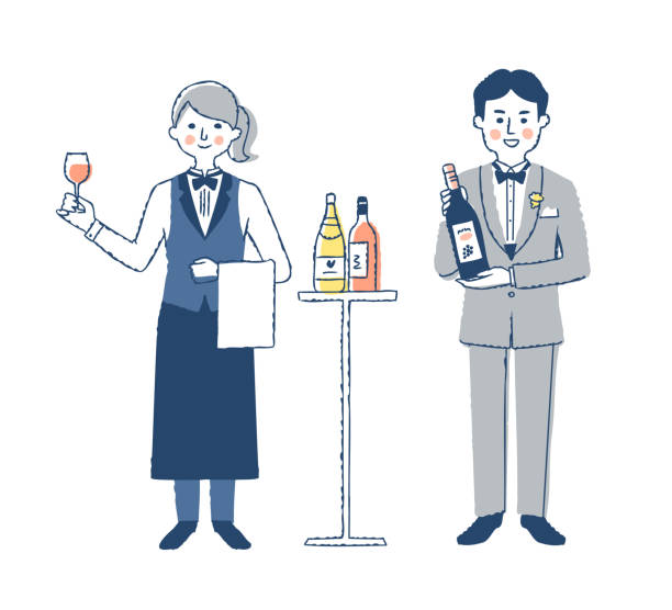 dwóch sommelierów, mężczyzna i kobieta - occupation white background young adult bartender stock illustrations