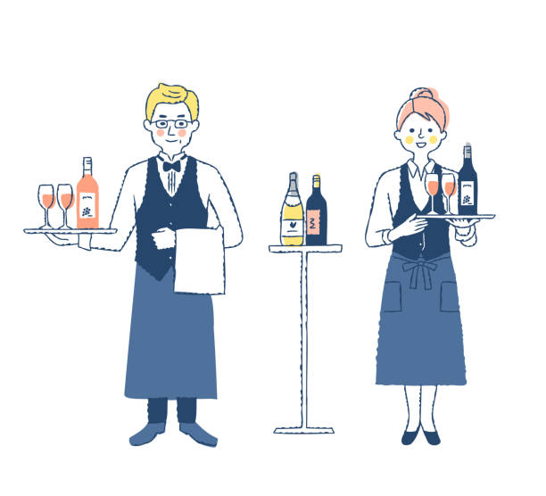 dwóch sommelierów, mężczyzna i kobieta - occupation white background young adult bartender stock illustrations