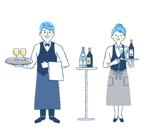 dwóch sommelierów, mężczyzna i kobieta - occupation white background young adult bartender stock illustrations