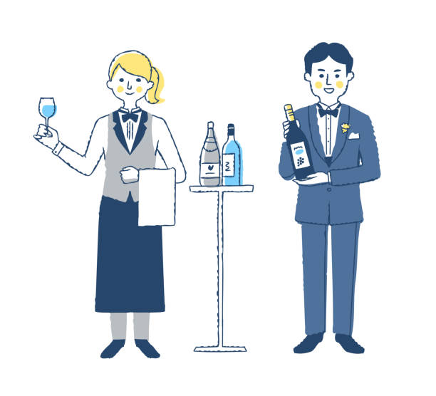 dwóch sommelierów, mężczyzna i kobieta - occupation white background young adult bartender stock illustrations