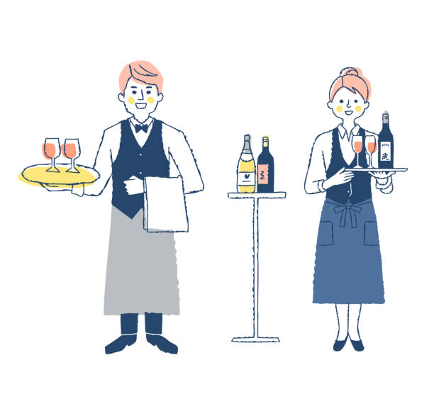 dwóch sommelierów, mężczyzna i kobieta - occupation white background young adult bartender stock illustrations