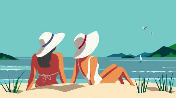 Vector illustration of Two Females Relaxing on Seaside Sand Beach vector